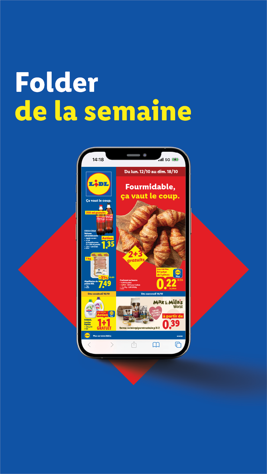 Folder de la semaine Lidl avec des offres sur les croissants, sodas et produits pour animaux.