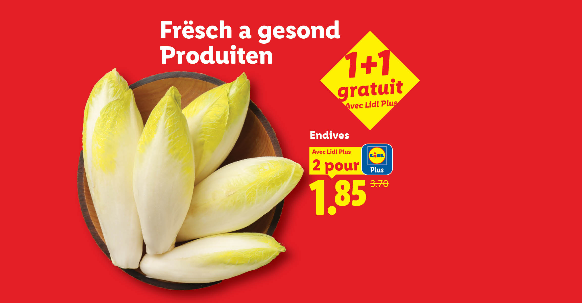 Offre promotionnelle sur des sachets d'endives fraîches sur fond rouge.
