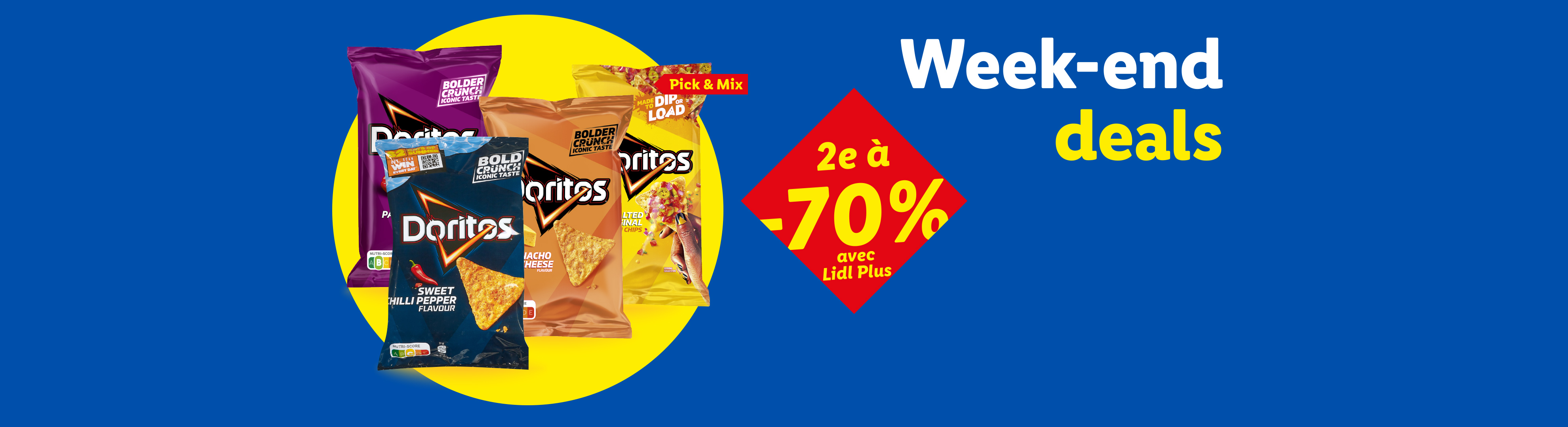 Sacs de chips variés sur fond jaune avec des offres de week-end jusqu'à -70%.