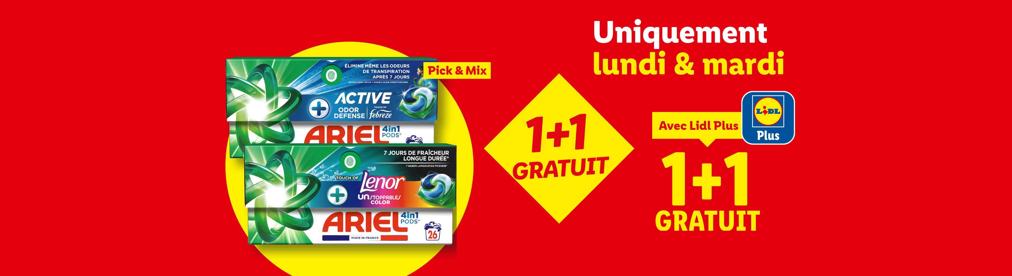 Offre 1+1 gratuit sur les lessives en capsules, valable uniquement lundi et mardi avec Lidl Plus.