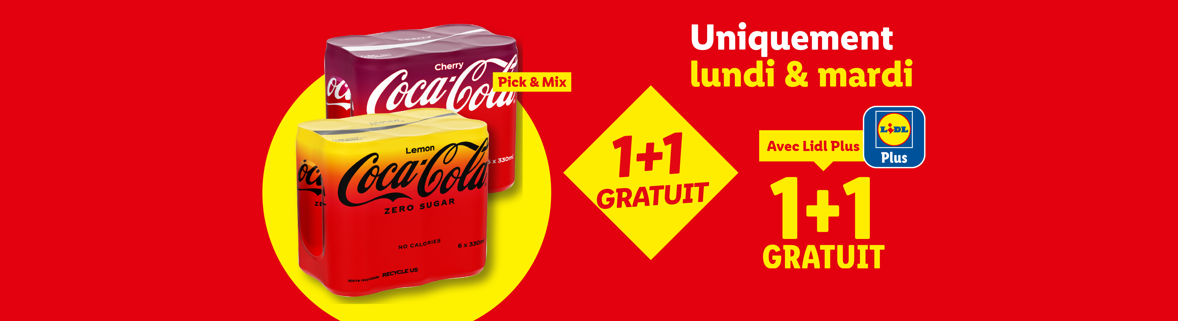 Packs de six canettes de boissons gazeuses aux saveurs cerise et citron, avec une offre 1+1 gratuit.