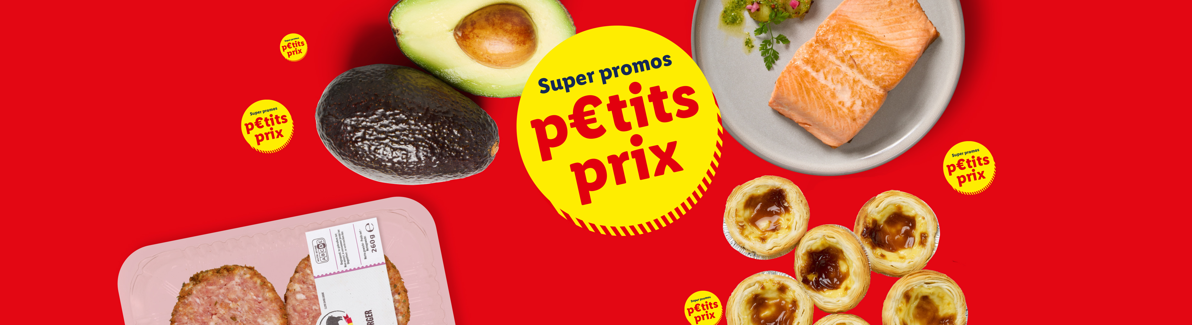 Avocats, saumon, pâtisseries et steaks hachés sur fond rouge avec des étiquettes 'Super promos petits prix'.
