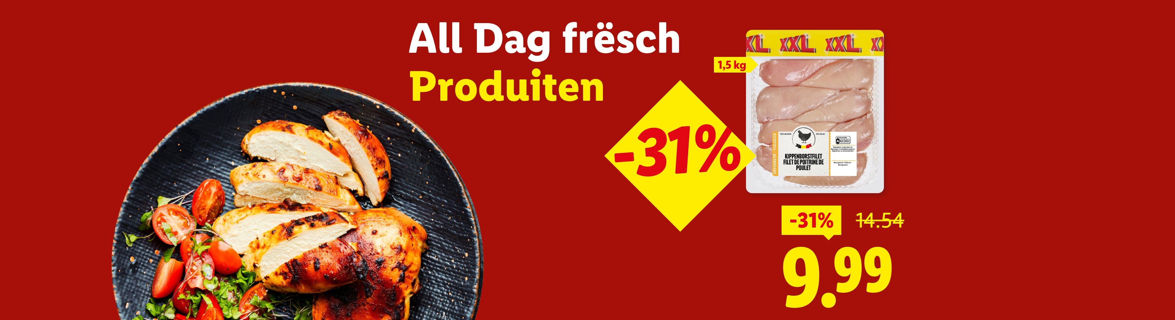 Filets de poulet frais grillés et emballés, avec une réduction de 31%.