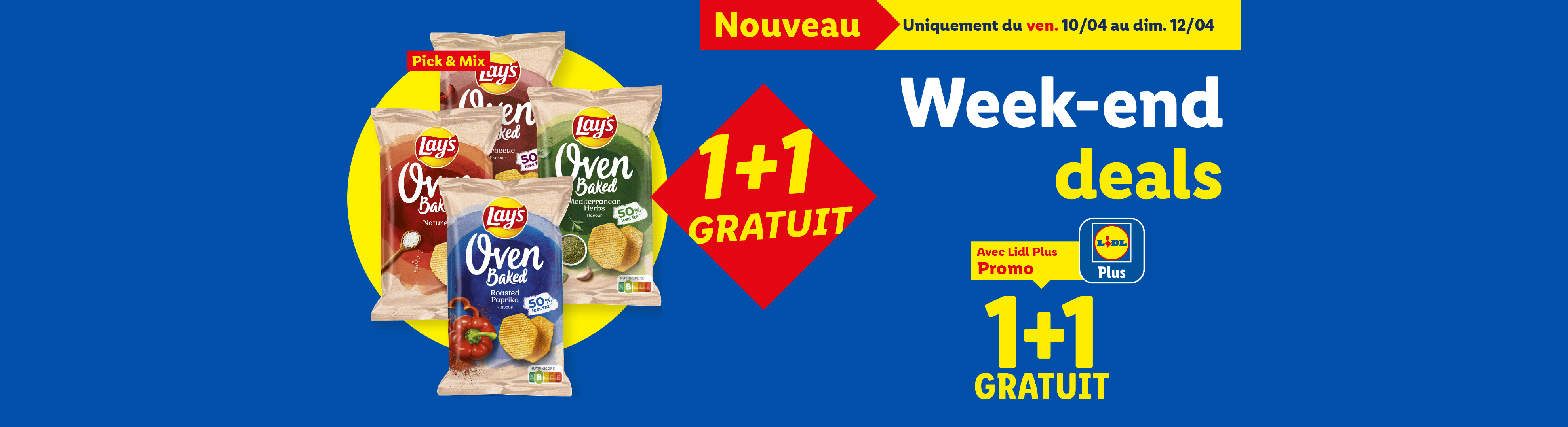 Offre 1+1 gratuit sur les chips cuites au four, avec des saveurs variées, pour les offres du week-end.