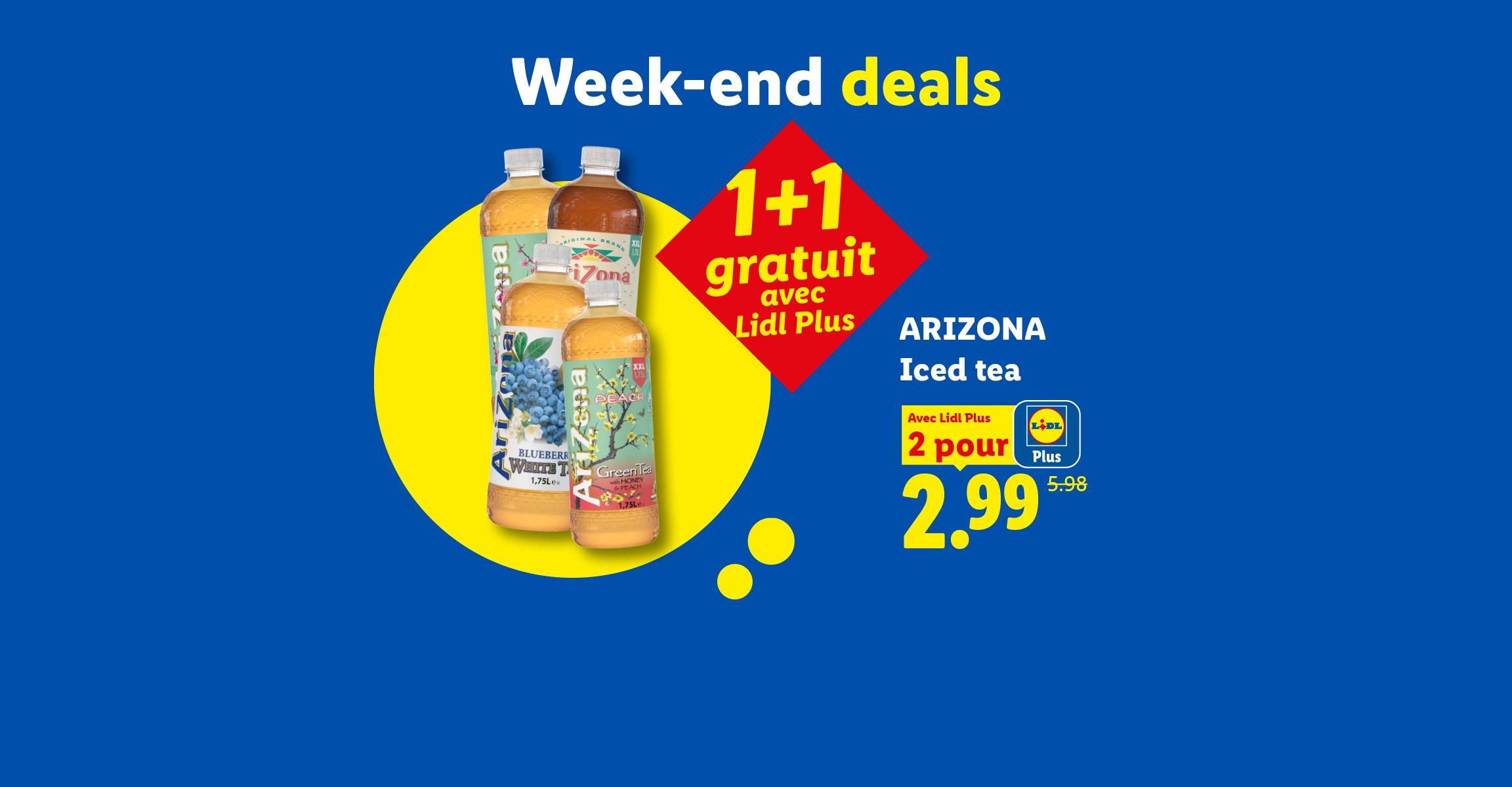 Offre de thé glacé 1+1 gratuit avec Lidl Plus, 2 pour 2,99€, saveurs myrtille et pêche.