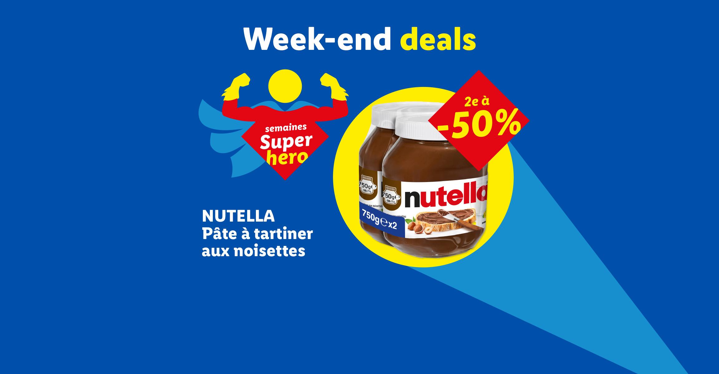 Offre de pâte à tartiner aux noisettes en pot de 750g, avec une réduction de 50% sur le deuxième article.