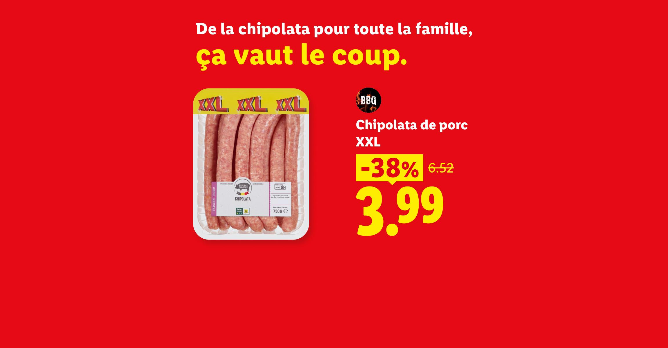 Chipolatas de porc XXL avec salade et pommes de terre, en promotion à 3,99€.