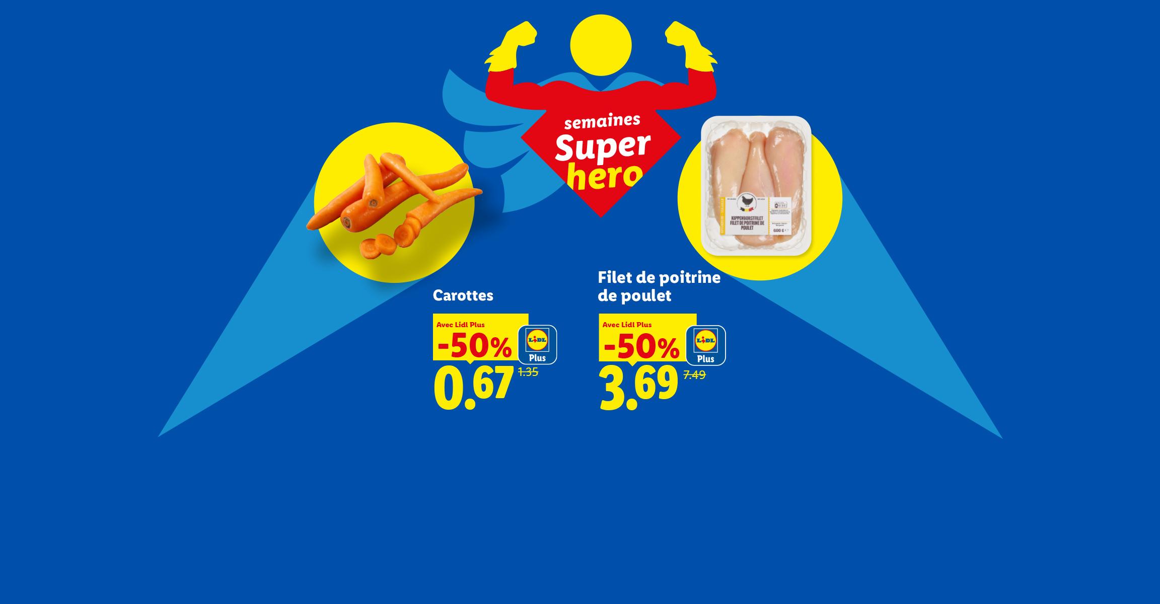 Carottes et filet de poulet en promotion, avec un thème super-héros.