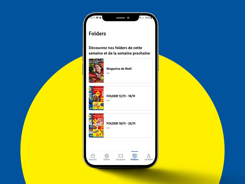 Application Lidl affichant des dossiers de Noël et des promotions hebdomadaires sur un fond bleu et jaune.