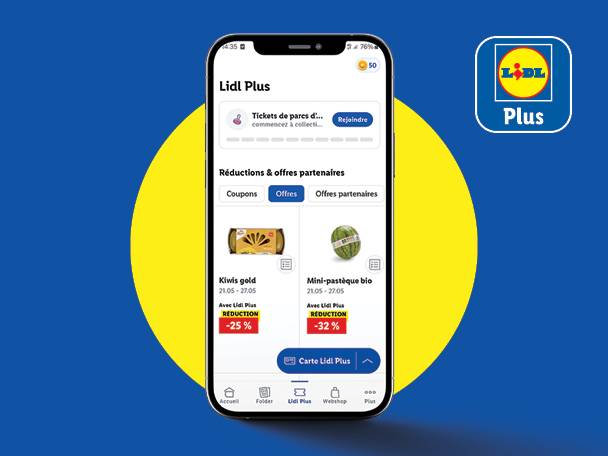 Application Lidl Plus affichant des réductions sur les kiwis gold et les mini-pastèques bio.