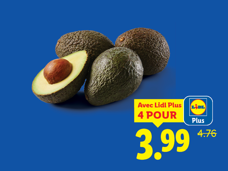 Quatre avocats, dont un coupé en deux, sur fond bleu avec une offre spéciale.