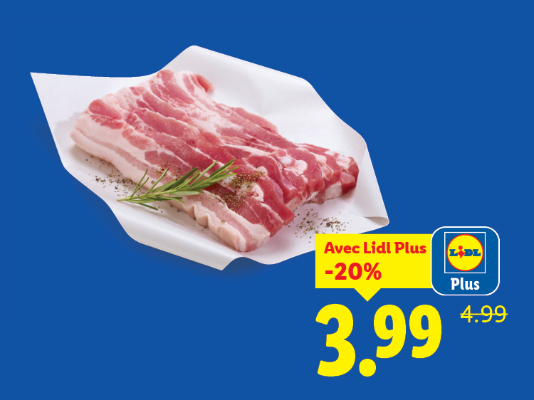 Tranches de poitrine de porc crues avec romarin et épices, en promotion à 3,99€ au lieu de 4,99€.