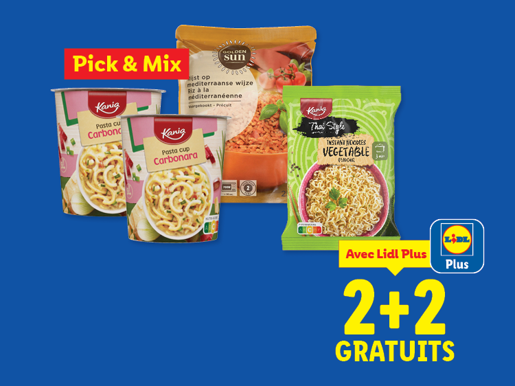 Offre 2+2 gratuits sur des pâtes instantanées, nouilles végétales et riz méditerranéen.