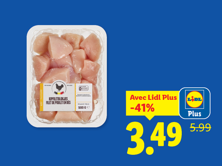 Barquette de dés de poulet avec une offre promotionnelle de -41% à 3,49 €.