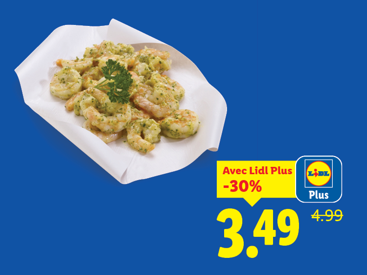 Crevettes assaisonnées dans un plat en papier, avec une offre de réduction de 30%.