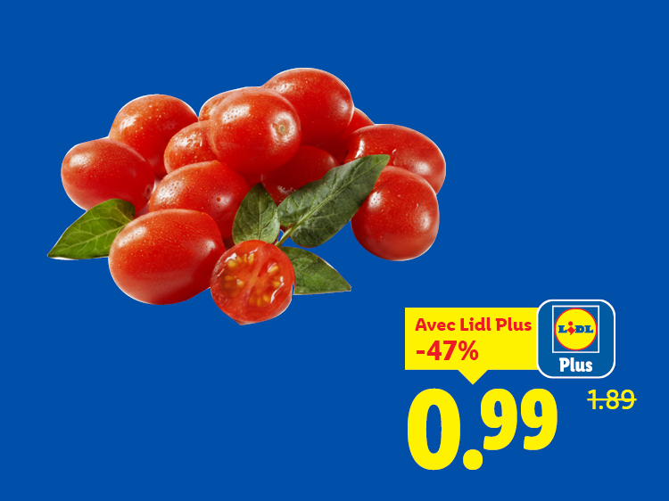 Tomates cerises avec feuilles vertes, promotion de 0,99 € avec une réduction de 47% sur le prix initial de 1,89 €.