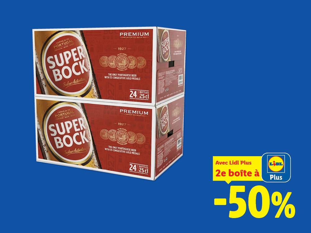 Deux caisses de bière portugaise avec une offre Lidl Plus de -50% sur la deuxième caisse.