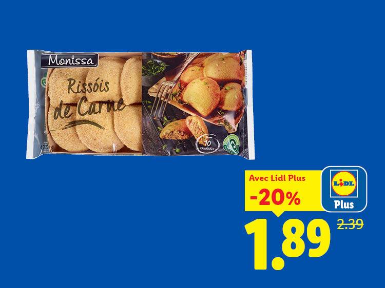 Paquet de rissóis de viande avec une offre Lidl Plus de -20% à 1,89€.