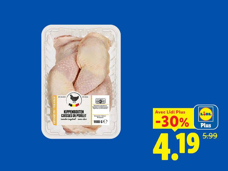 Barquette de cuisses de poulet avec une réduction de 30%, prix final 4,19.