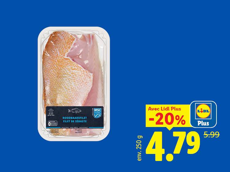 Filet de sébaste emballé avec une réduction de 20% à 4,79 €.