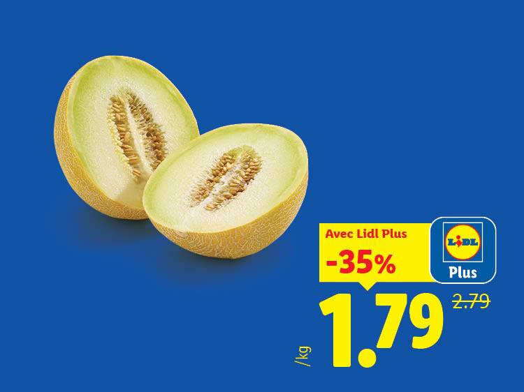 Deux moitiés de melon sur fond bleu, avec une offre promotionnelle de -35% à 1,79€/kg.