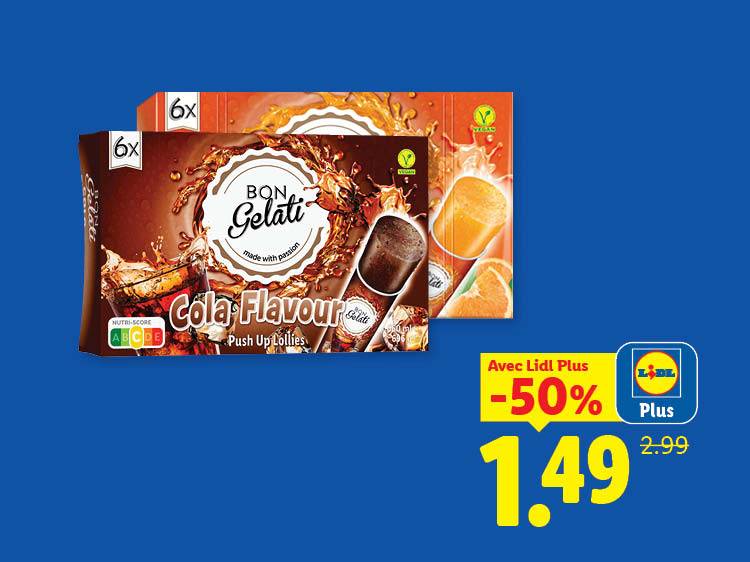 Packs de 6 sucettes glacées saveur cola et orange, avec une réduction de 50% à 1,49€.