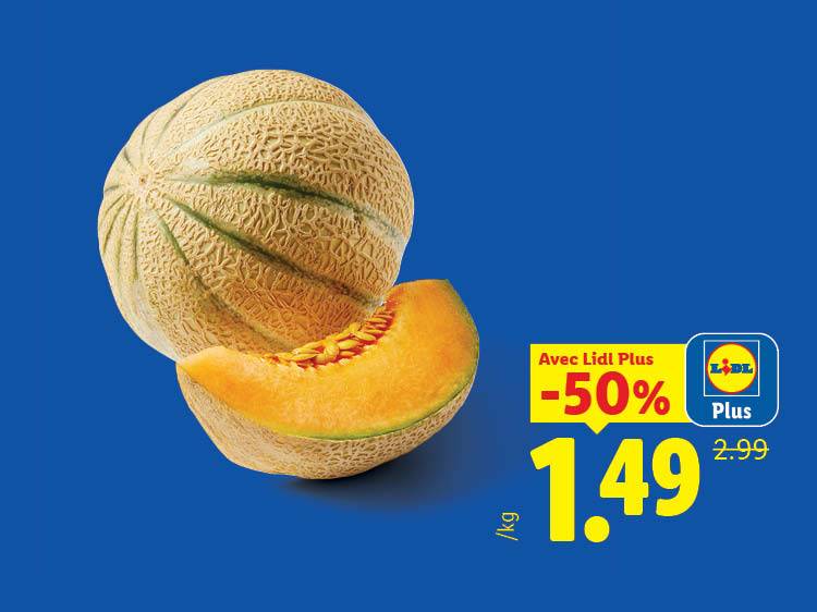 Melon entier et une tranche, avec une offre de -50% à 1,49€/kg.