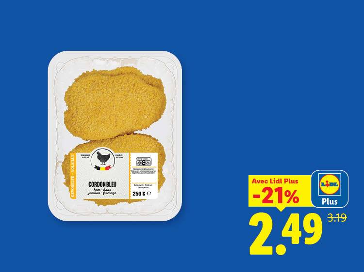 Un paquet de deux cordons bleus de poulet panés, avec une réduction de 21% à 2,49€ au lieu de 3,19€.