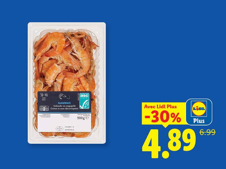 Crevettes cuites et non décortiquées de 500g, avec une réduction de 30% à 4,89€ au lieu de 6,99€.