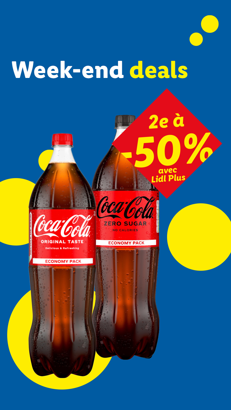 Offre de fin de semaine sur deux bouteilles de cola, la deuxième à -50% avec Lidl Plus.