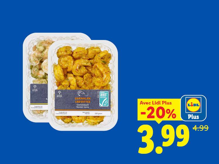 Deux barquettes de crevettes, l'une saveur curry et l'autre nature, avec une offre de -20% à 3,99€.