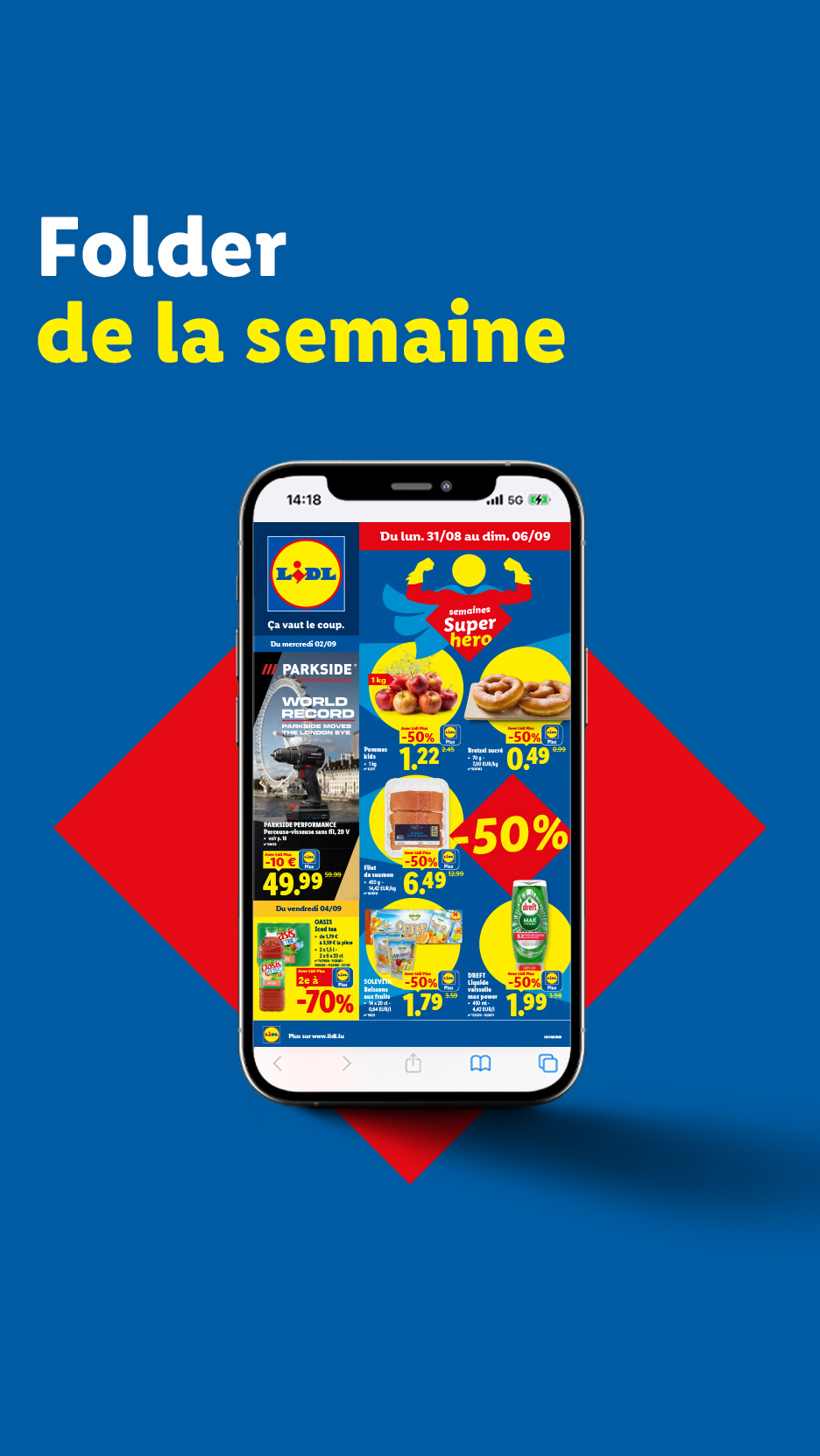 Un dépliant numérique de la semaine affichant des offres sur les pommes, les bretzels, le saumon, les boissons et une perceuse sans fil.