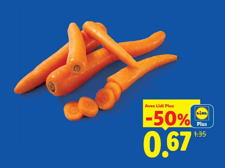 Carottes entières et coupées avec une offre de réduction de 50%.