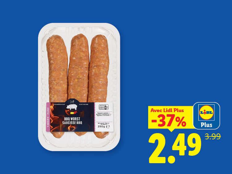 Saucisses BBQ de porc en barquette, avec une réduction de 37% à 2,49€.