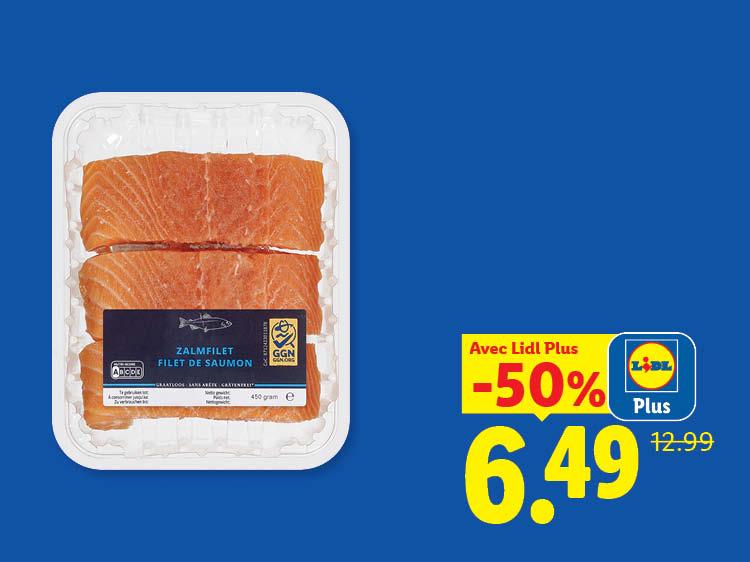 Filets de saumon emballés avec une réduction de 50% à 6,49 €.