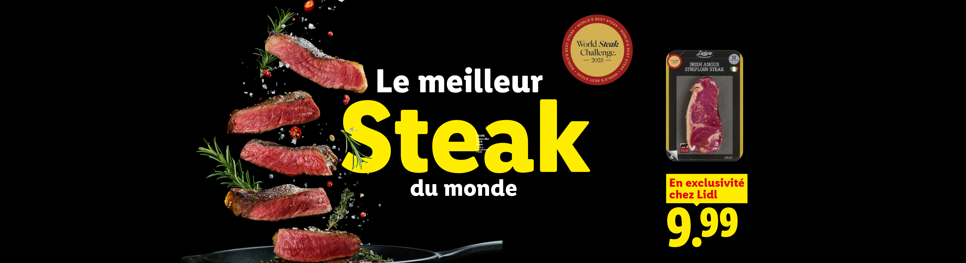Publicité pour un steak de bœuf irlandais, présenté avec des herbes et des épices, et un emballage de steak, avec le texte 'Le meilleur Steak du monde' et un prix de 9,99.
