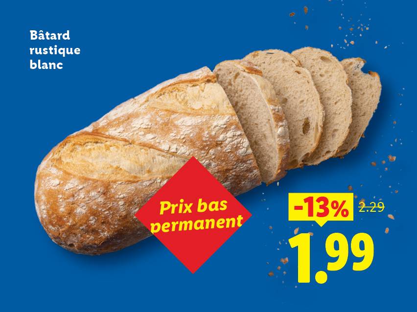 Pain rustique blanc tranché, avec une étiquette 'Prix bas permanent' et une offre de -13% à 1,99€.