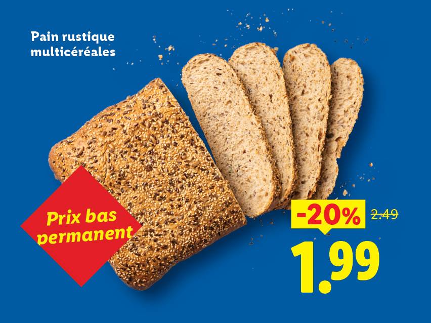 Pain rustique multicéréales en tranches, prix bas permanent à 1,99€ avec 20% de réduction.