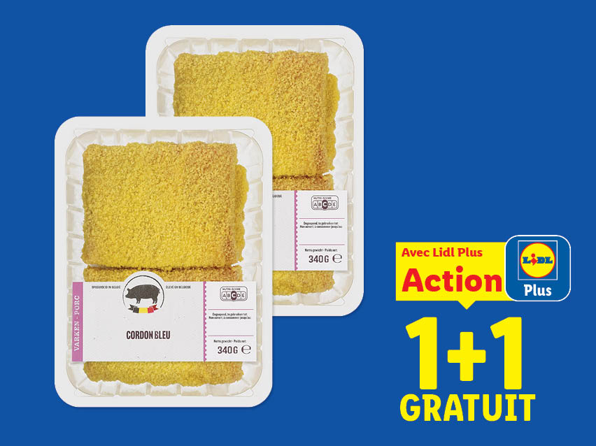 Deux paquets de cordon bleu de porc avec une offre promotionnelle 1+1 gratuit.