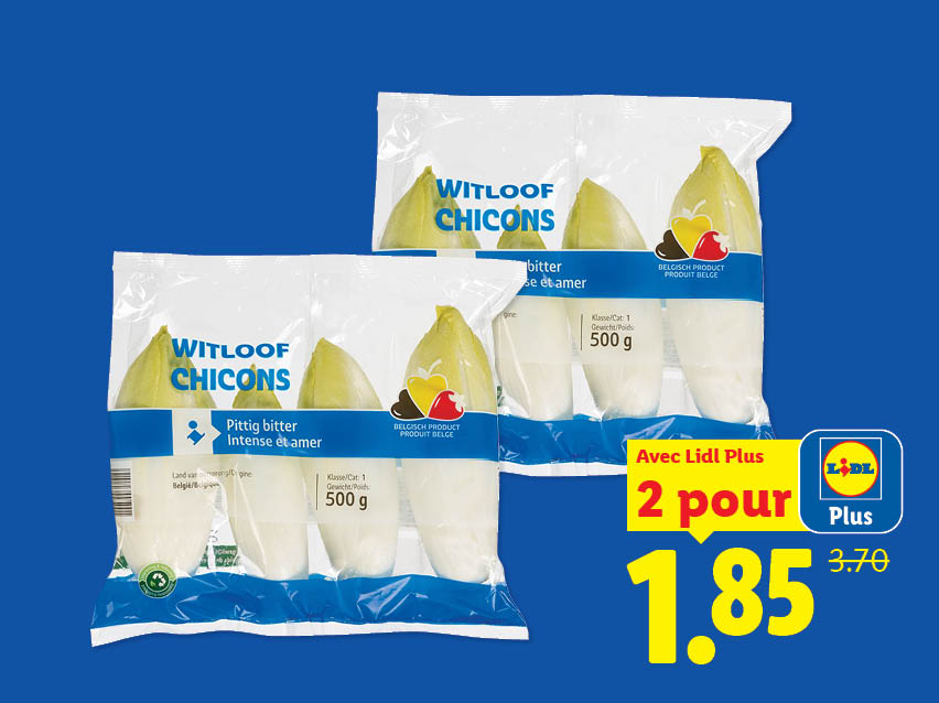 Deux sachets de chicons belges de 500 g en promotion.