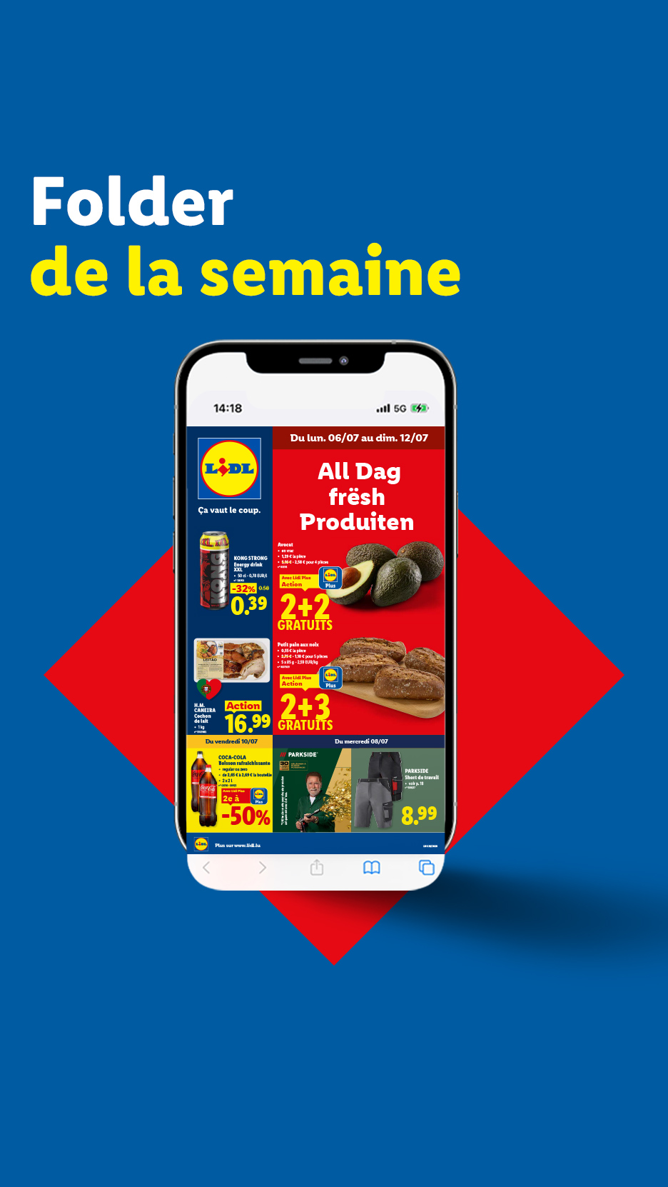 Un dépliant numérique de la semaine présentant des offres sur les boissons énergisantes, les avocats, le pain et les vêtements de travail.