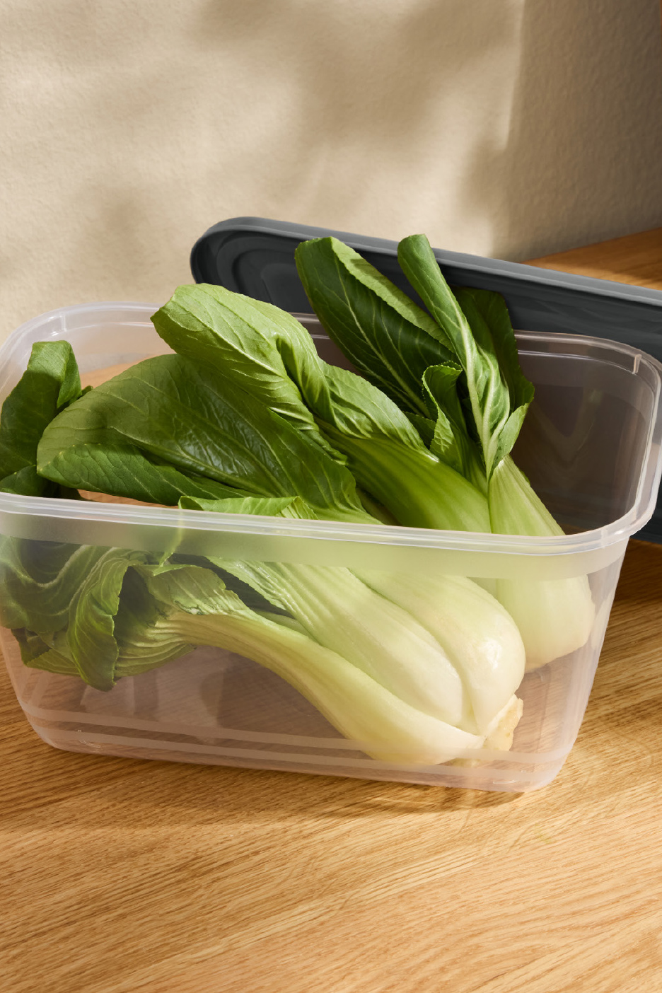 Bok choy frais dans un récipient de conservation en plastique transparent sur une table en bois.
