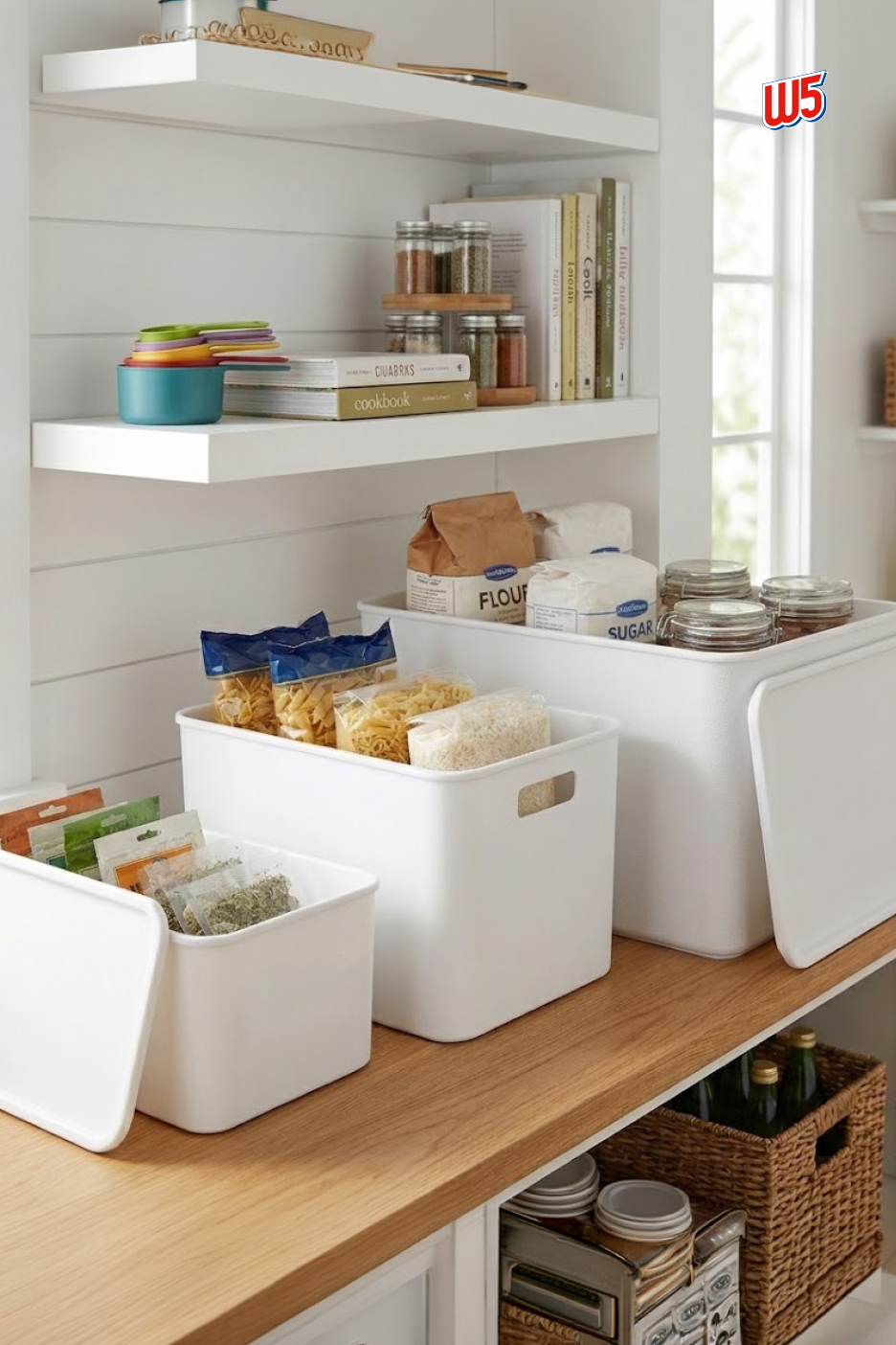Étagères de cuisine avec des boîtes de rangement blanches remplies de pâtes, de riz et d'épices.