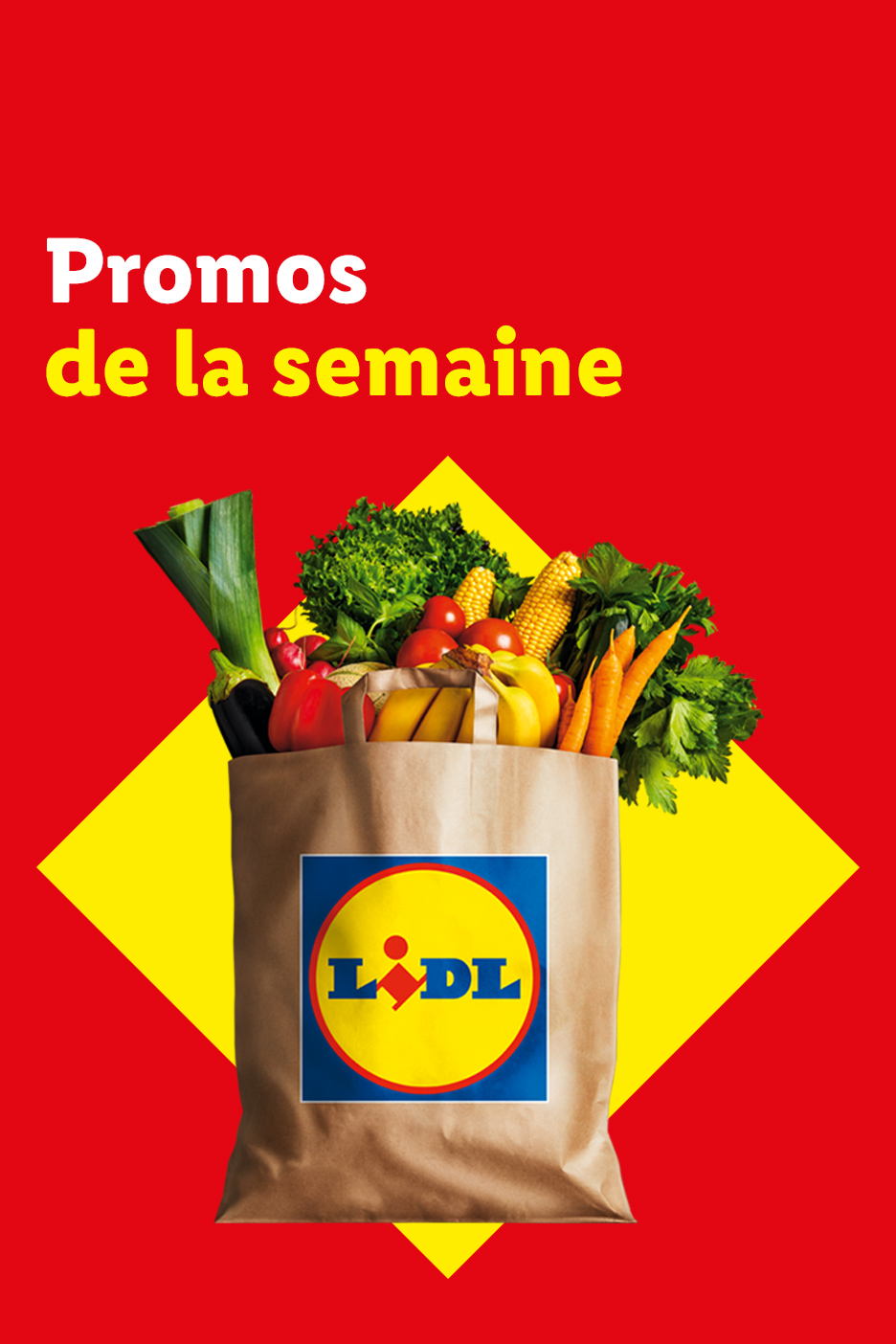 Promotions de la semaine : un sac de courses rempli de fruits et légumes frais sur fond rouge et jaune.