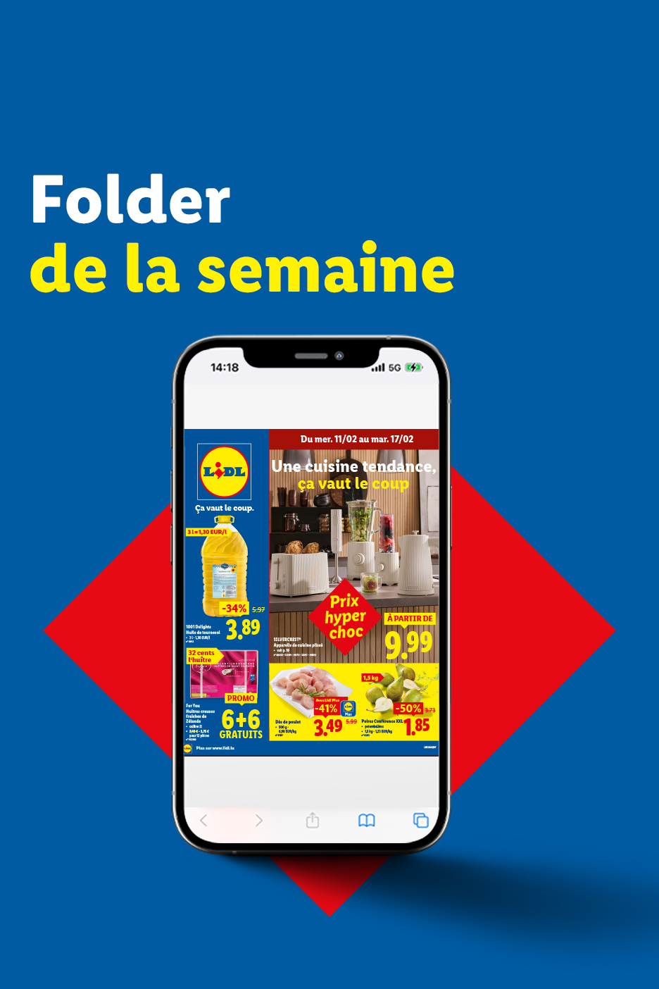 Une publicité pour un dépliant hebdomadaire présentant de l'huile de tournesol, des appareils de cuisine et des produits frais.