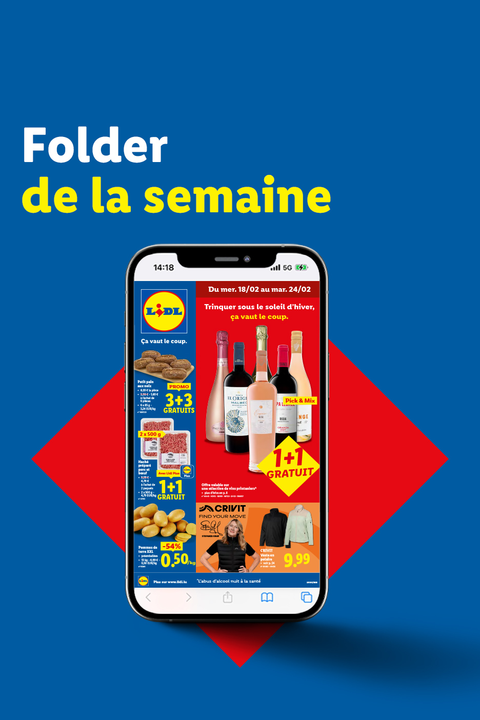 Un dépliant numérique Lidl présentant des offres sur le vin, la viande hachée, le pain et les pommes de terre.