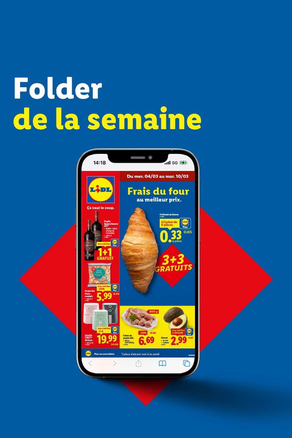 Un dépliant numérique de la semaine de Lidl, affichant des offres sur des croissants, du vin, des fruits de mer, des appareils de cuisine, du poulet et des avocats.