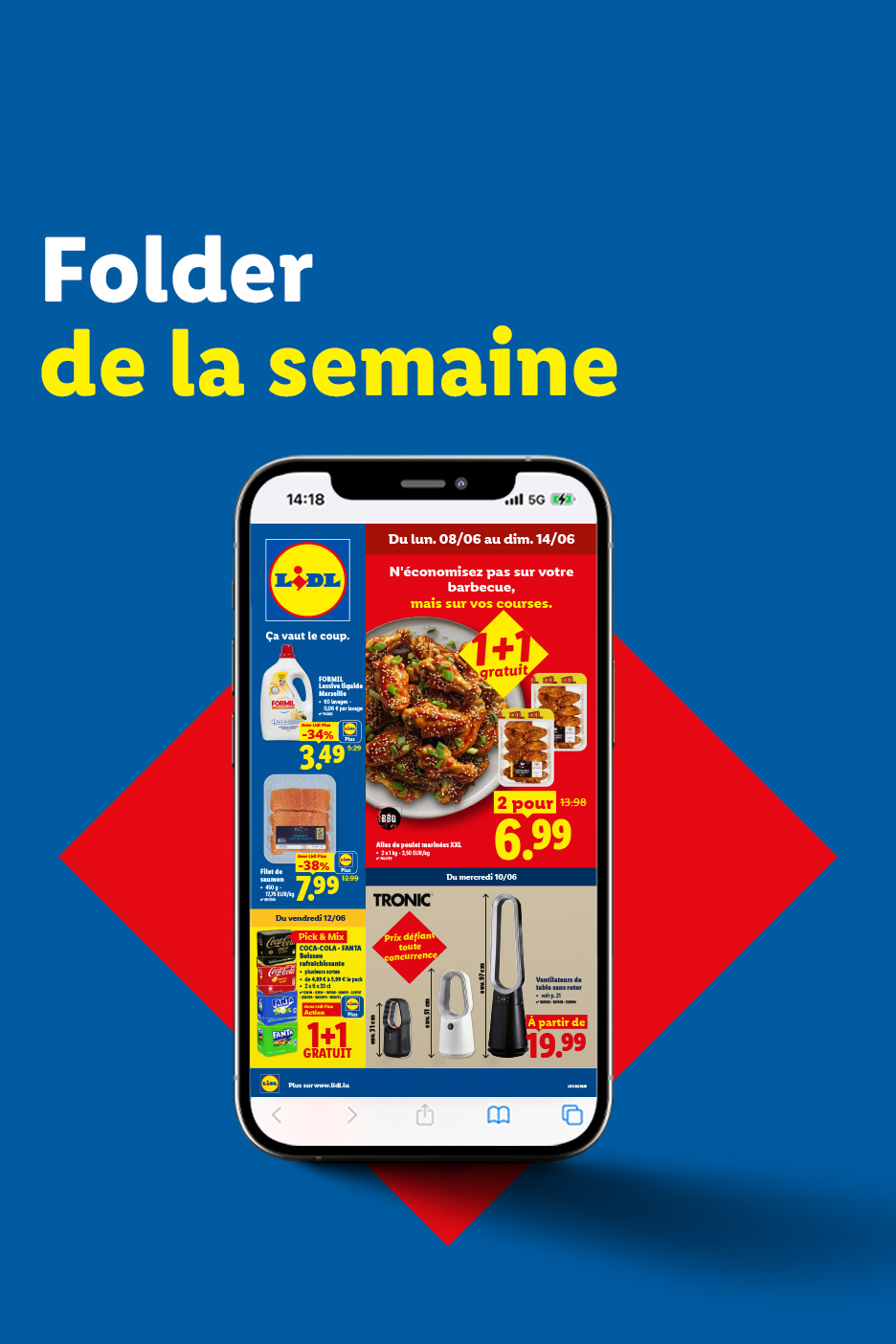 Un dépliant de supermarché affichant des offres sur des ailes de poulet, du saumon, des boissons et des ventilateurs.