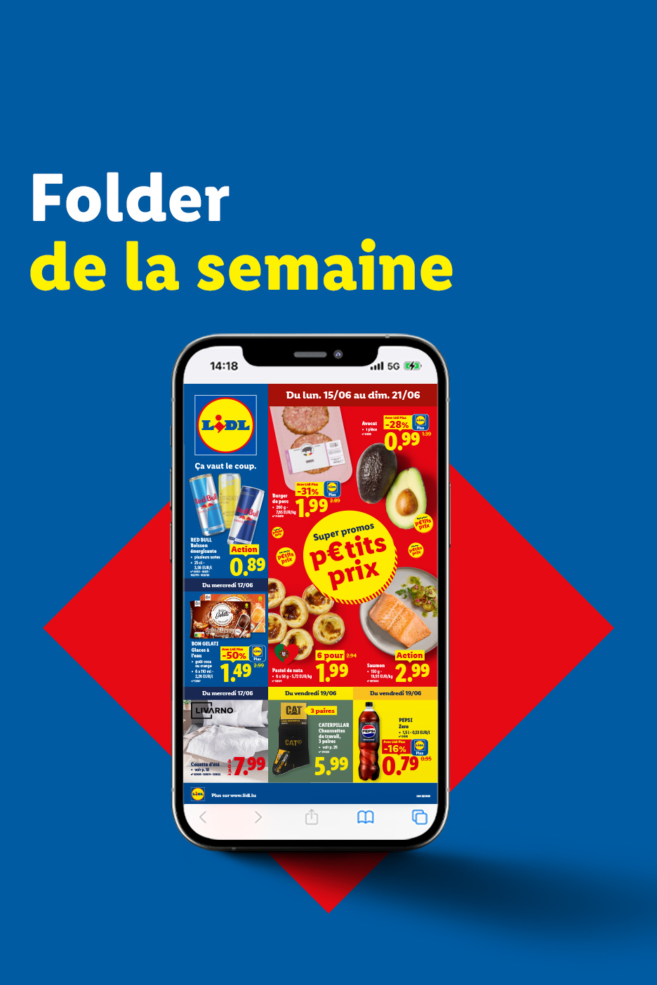 Un dépliant numérique de la semaine de Lidl affichant des promotions sur l'avocat, le saumon, les boissons énergisantes et les glaces.