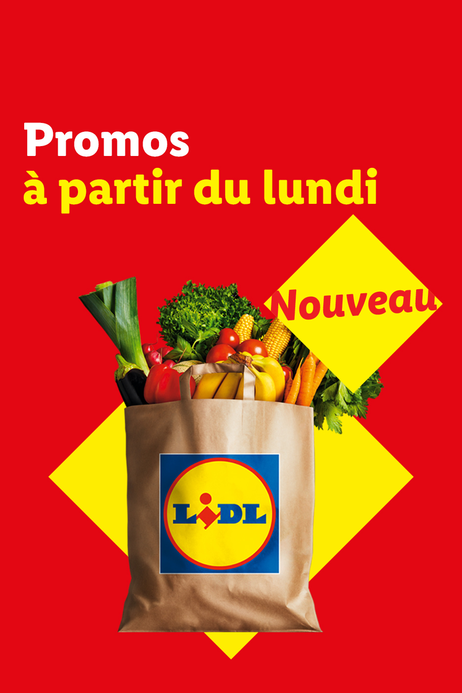 Sac de courses rempli de fruits et légumes frais, avec texte 'Promos à partir du lundi' et 'Nouveau'.